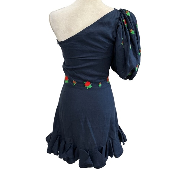 Fanm Mon Navy Flame Linen One Sleeve Ruffle Hem Floral Embroidery Mini Dress NWT - Picture 8 of 16